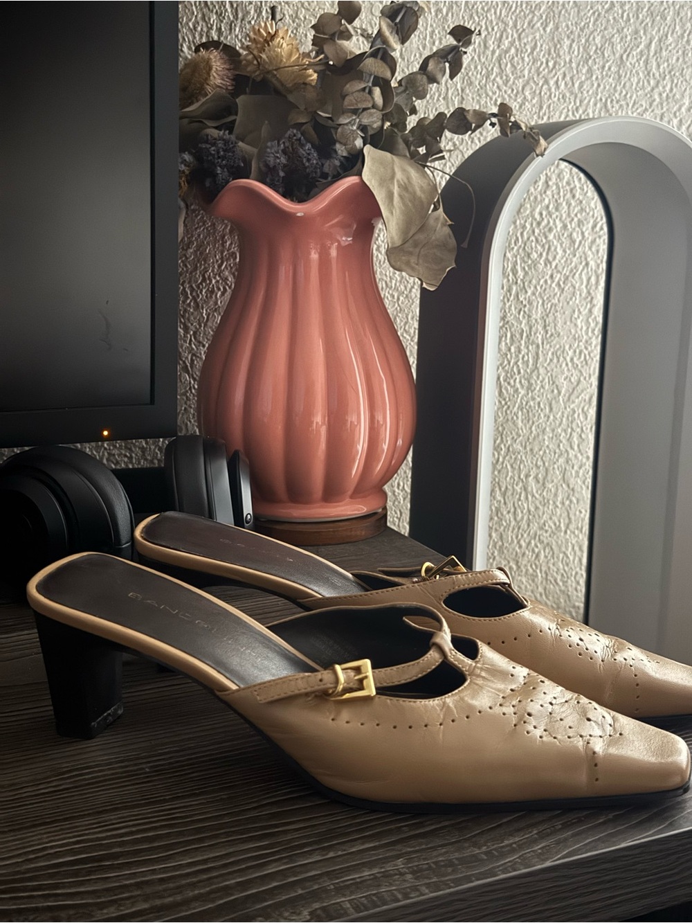 Bandolino Beige Slip-On Heeled Mules with Gold Buckle Accent